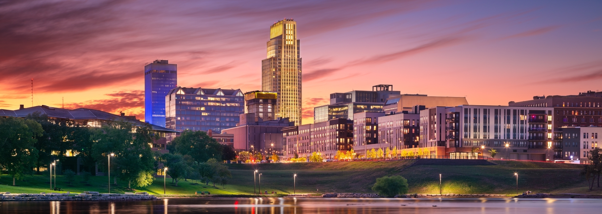 View of city lit up at night,Omaha,Nebraska,United States